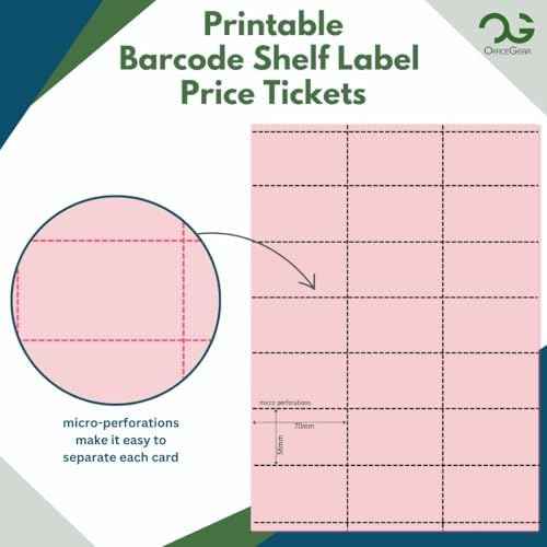 OfficeGear Shelf Edge Pink Barcode Price Ticket Labels 21-up [25 Sheets - 525 Pack] 38x70mm Custom Printable A4 120gsm Card Micro-Perforated Non-Adhesive Merchandise Tag Includes Design Template