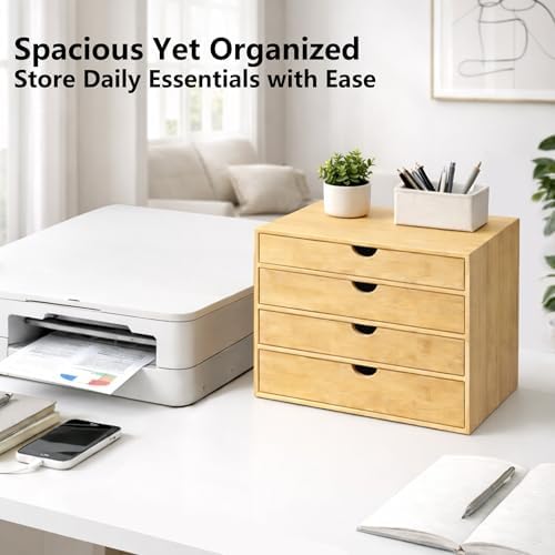Neando Bamboo Desk Organizer with Drawers, 4-Tier Wooden Desk Organizer, Small Desktop Storage for Office Supplies, Makeup, Accessories, Space-Saving Organizer for Desk, Vanity & Home