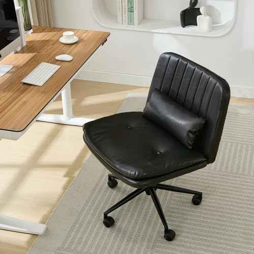 Criss Cross Chair with Wheels, Armless Comfy Thickened Cushion Wide Seat Cross Legged Office Chair with Pillow, Adjustable Swivel Mid Back Computer Task Vanity Home Office Desk Chair (PU, Black)