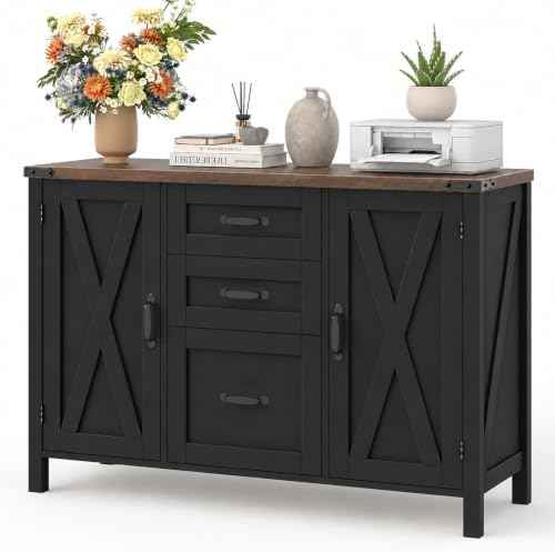 Vabches File Cabinet with 3 Drawers, Farmhouse Lateral File Cabinet Fits Files Letter/A4 Size, Wooden Filing Cabinet with Door and Adjustable Shelves Printer Stand for Home Office, Dark Brown