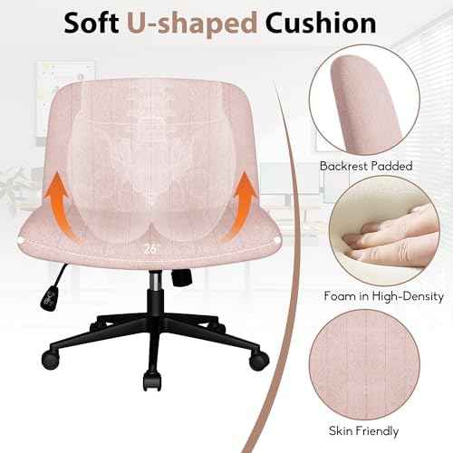 SUNLEI Cross Legged Office Chair with Wheels, Armless Wide Chair's for Vanity Desk, Criss Cross Comfy Chairs with Back, Desk Chair/s of Height Adjustable Swivel, Pink