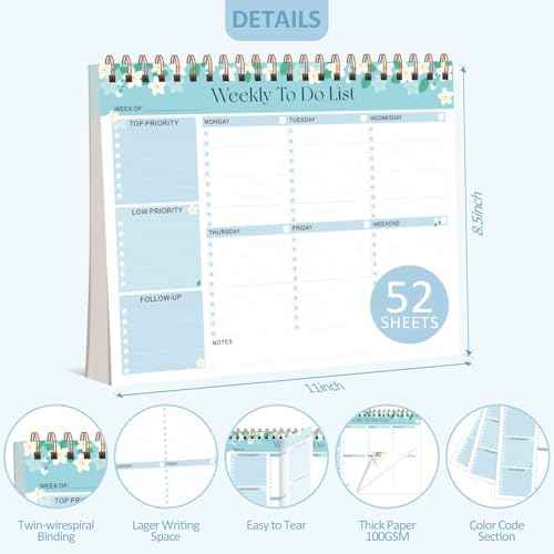 Weekly To Do List Notepad, 52 Sheets Undated Weekly Planner, 8.5"x11" Letter Size Horizontal Desk Pad with 100GSM Thick Paper, Twin-Wire Spiral Bound Tear Off Lined Organizer for Office Work, School & Home