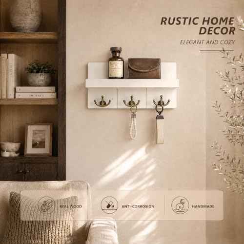 Rebee Vision Key Holder Wall Mount with 3 Anchor Hooks for Entryway, White