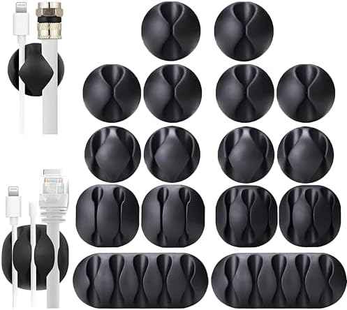 OHill 16-Pack Black Cord Organizer - Adhesive Cable Clips Holder for Desk, Wall, Car - Wire Management Clips for iPhone Charger, USB, Computer Cables -Cord Keepers with Strong Sticky Backing