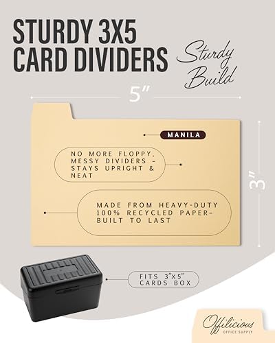 OFFILICIOUS Index Card Box 3x5 - Recipe Box with Manila Dividers &