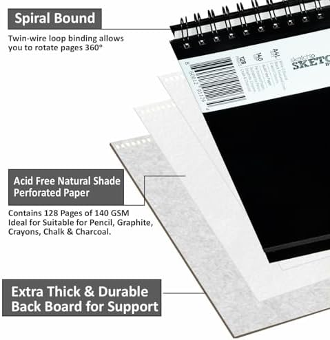 Creo Crafts 9" x 12" SketchO Sketchbook_Top Spiral Wire-O Bound_128 Pages (64 Sheets) 140gsm | Landscape Hardcover, Acid-Free Natural Shade Paper for Artists, Students & Travel Sketching