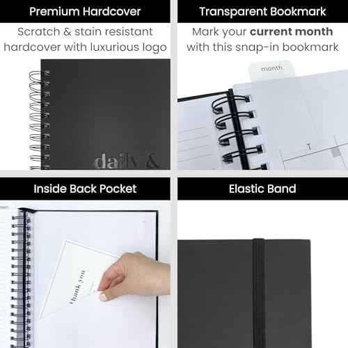 Undated Daily & Monthly Planner 2026-2027 | Hourly Schedule | Large 8.5" x 11" | Daily Work Planner with Full Page Per Day, To Do List, Time Blocking, Black Hardcover Spiral Notebook