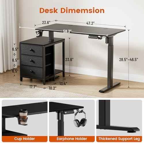 REAHOME 47 Inch Black Electric Height Adjustable Standing Desk with Drawers