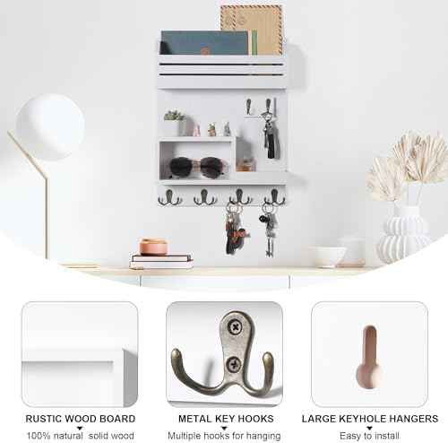Key Holder for Wall, Wall Mounted Mail Organizer with 6 Metal Key Hooks, Key Racks for Home Entryway Decor, Luxury White