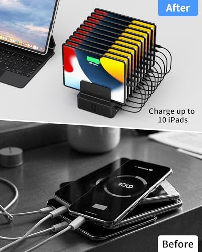 100W Charging Station for Multiple Devices, 10-Port USB Fast Charger, Black