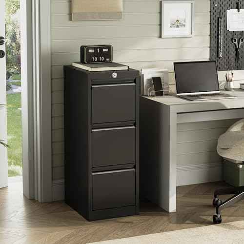 GAOMON 3-Drawer File Cabinet with Lock - Heavy Duty Metal Filing Cabinet for Letter/Legal/A4/F4 Documents Vertical Storage for Home Office Requires Assembly, Black (3 Drawers)