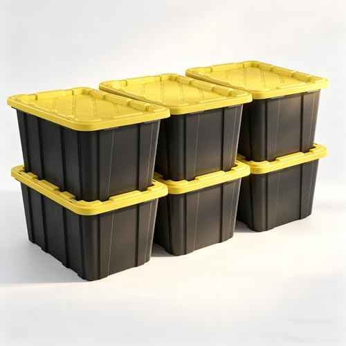 6 Pack, Large 27 Gallon Durable Plastic Storage Bin with Snap-On Lid, Storage Bin for Home Garage Organization, Black and Yellow