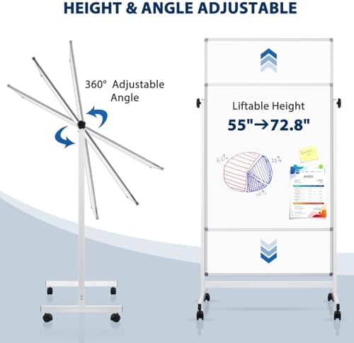 Magnetic Rolling Whiteboard, 40" x 24", Double Sided, Height Adjustable