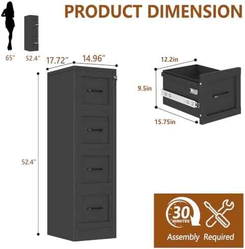 4 Drawer Metal File Cabinet with Lock,Narrow Vertical Filing Storage Cabinets,Steel File Organization for Legal/Letter/A4/F4 Size with Hanging Files,Lockable File Folders for Home Office, Black