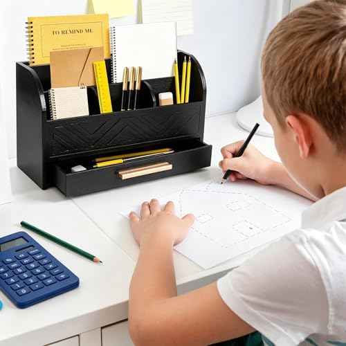Charmewooden Black Desktop Organizer with Drawer Storage, White Desk Organizer Mail Holder Mail Organizer Countertop Pen Holder Letter Sorter Make up Organizer for School Home Office Supplies