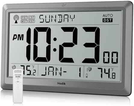 HODIK Atomic Wall Clock with Indoor Outdoor Temp, Digital Clocks(Silver)