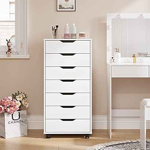Panana 7 Drawer Mobile File Cabinet, Wooden Under Desk Storage with Wheels Office Organization Vertical Filing Chest of Drawers for Home Office (White)