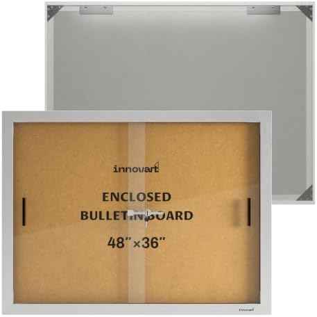 INNOVART Enclosed Bulletin Board 48” x 36”, Lockable Cork Noticeboard with Silver Aluminum Frame, Outdoor Enclosed Bulletin Board Weatherproof, Wall Display Case with Sliding Glass Door