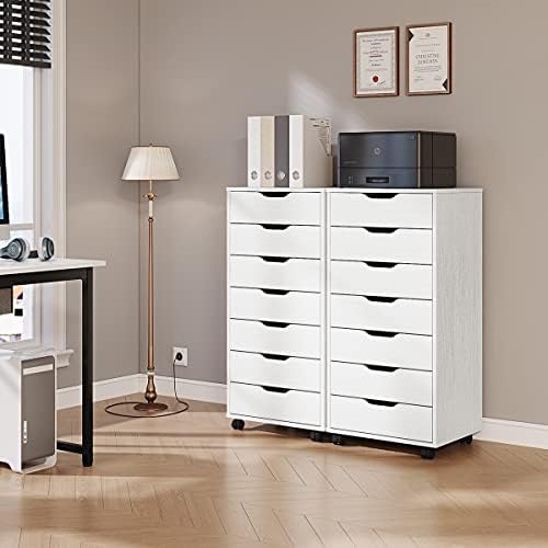 Panana 7 Drawer Mobile File Cabinet, Wooden Under Desk Storage with Wheels Office Organization Vertical Filing Chest of Drawers for Home Office (White)
