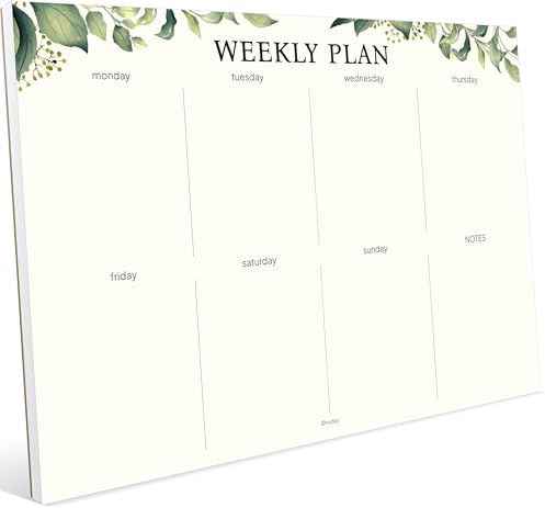 Weekly Planner Notepad, Undated Tear Off Weekly To Do List Notepad, 11.5" x 8", Eucalyptus Design on Cream Base, Premium Thick Paper and Cardboard Back Support, Desk Planner for Work, Office and Home.