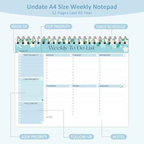 Weekly To Do List Notepad, 52 Sheets Undated Weekly Planner, 8.5"x11" Letter Size Horizontal Desk Pad with 100GSM Thick Paper, Twin-Wire Spiral Bound Tear Off Lined Organizer for Office Work, School & Home