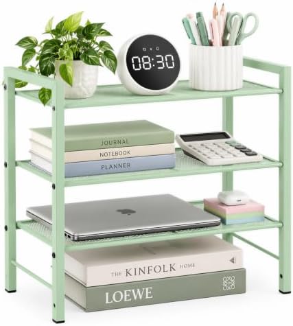 Adjustable Desktop Bookshelf, Metal Desk Shelf Organizer, Sage Green
