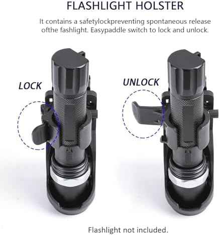 Tactical Flashlight Holster with Lever Side Lock System, Adjustable Belt, 360° Rotatable with Side Lock, Fits Flashlights with 1"-1.55" Diameter (Flashlight Not Included)