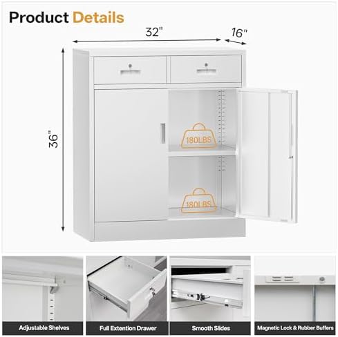 Metal Storage Cabinet, 36 Inch Tall Locking Cabinet with 2 Doors and 2 Drawers, Metal Cabinets with Adjustable Shelf, Garage Cabinets for Kitchen,Garage,Warehouse, White