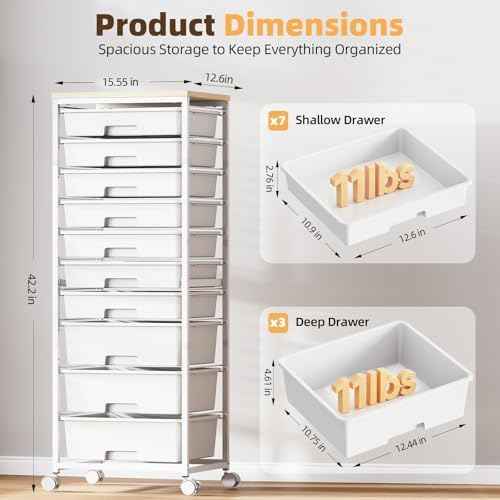 SYKIARIOL Rolling Storage Cart with 10 Drawers,White