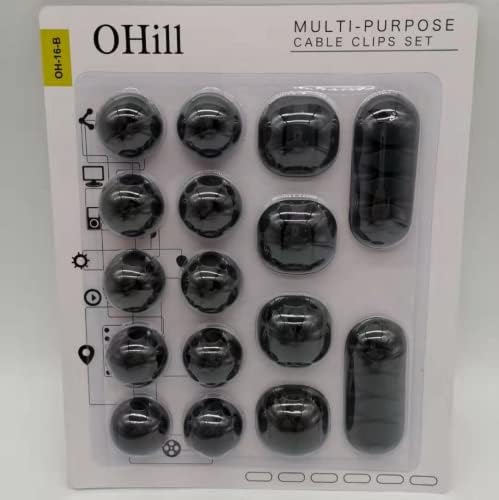 OHill 16-Pack Black Cord Organizer - Adhesive Cable Clips Holder for Desk, Wall, Car - Wire Management Clips for iPhone Charger, USB, Computer Cables -Cord Keepers with Strong Sticky Backing