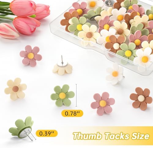 50Pcs Flower Push Pins,5 Colors Cute Cork Board Pins, Decorative Thumb Tacks for Bulletin Board, Feature Wall, Office, Home