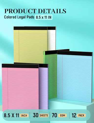 12 Pack Legal Pads 8.5 x 11 College Ruled, 30 Sheets Per Colored Note Pads