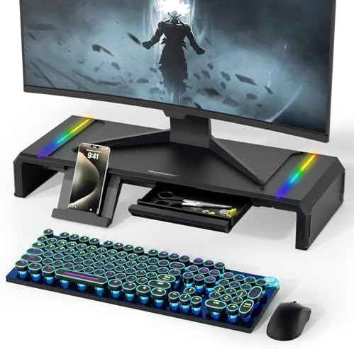 Heymaster Monitor Stand for Desk, Gaming Monitor Riser with RGB Light, Foldable Computer Monitor Stand Riser, Desk Organizers and Accessories for Desktop, Printer (Black)