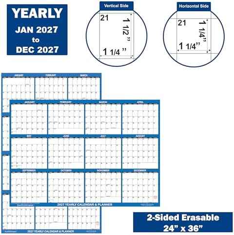 24" x 36" SwiftGlimpse 2027 Wall Calendar Erasable Large Wet & Dry Erase Laminated 12 Month Annual Yearly Wall Planner, Reversible, Horizontal/Vertical, Dark Blue