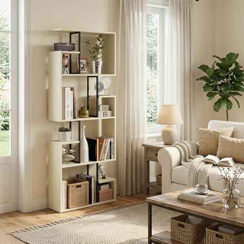 Manora Modern Geometric Bookshelf, 4 Tier Tall Bookcase with Open Display Shelves, Freestanding Storage Organizer for Living Room, Home Office, Bedroom, Rustic Industrial Narrow Shelf Unit, Off-White