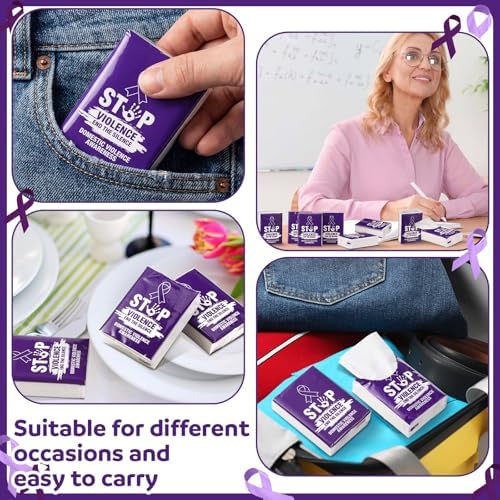 Tinlade 50 Pack Domestic Violence Awareness Pocket Tissues Gifts Bulk Purple Ribbon Travel Packs Bulk Birthday Decor 3 Ply Mini Travel Size for Women Men Event Support Charity Supplies Favor Gifts