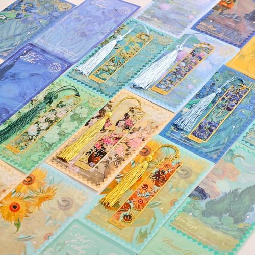 6 Pieces Metal Bookmarks with Tassel, Golden Hollow Bookmark Van Gogh and Claude Monet Oil Painting Theme Book Mark Bookmarks for Book Lovers Writers Readers Children Teens Men Women (6Pcs)