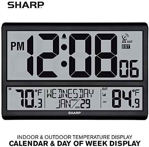 Sharp Atomic Clock with 4-Inch Display, Outdoor Sensor, Battery Powered