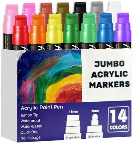 14 Colors Jumbo Markers, Jumbo Acrylic Paint Markers 15mm Wide Felt Tip Permanent Ink Pens for Poster, Rock Painting,Fabric,Glass, Wood, Stone, Ceramic & DIY Crafts, Vibrant Art Pens for Most Surfaces
