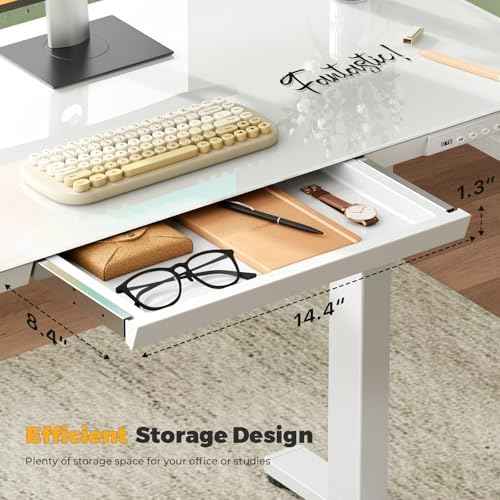 35" Electric Standing Desk with Drawer, One-Piece Glass Top