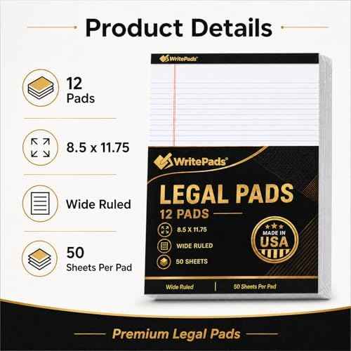 Legal Pads 8.5 x 11.75 Inch Wide Ruled Writing Pads, 12 Pack Note Pads