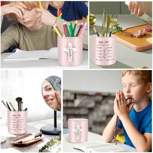 Ceramic Pen Holder for Desk Cute, Pencil Holder Cup, Makeup Brush Holder Pink, Multi-Functional Organizer for Office, Religious Style