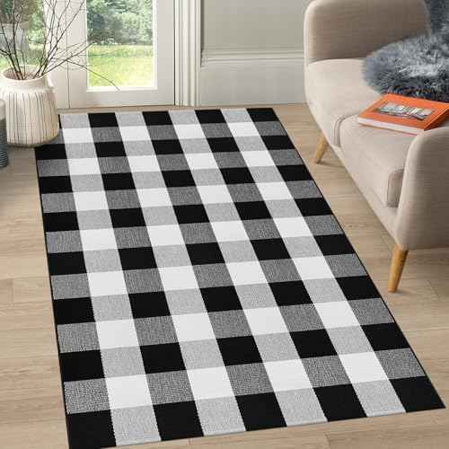 3x5 Ft Buffalo Plaid Area Rug, Black and White, Machine Washable