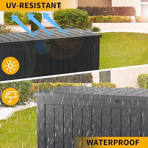 150 Gallon Outdoor Storage Box Patio Deck Box Waterproof, Resin Lockable Outside Large Storage Bin for Pool Cushion Furniture, Garden Tools UV-Resistant, Black