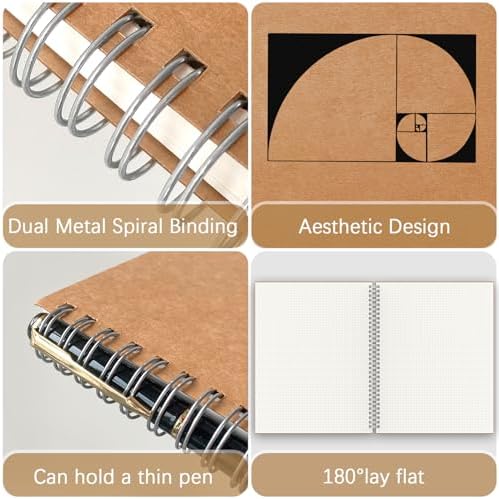 A4 Dotted Journal Notebook, 2 Pack Large Spiral Dot Grid Notebook, 200 Pages 100gsm Thick Dot Grid Paper Journal for Sketching Writing Taking Note and More - Kraft Brown Cover, 8.5" x 11"