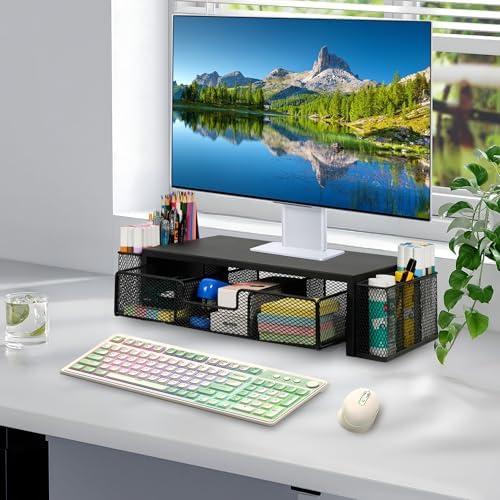 Qupui Computer Monitor Stand Riser with Drawer and Pen Holders, Desk
