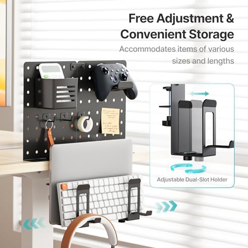 PEGZONE Clamp on Desk Pegboard Shelf, with 2-Slot Under Desk Laptop Holder