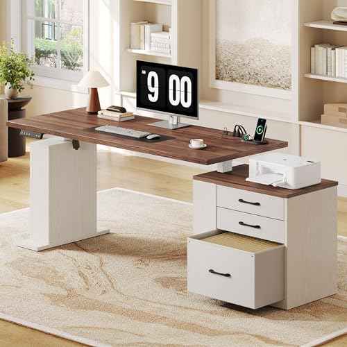 75.5 Inches Electric Standing Desk with Drawers Farmhouse Sit Stand Desk with Storage Adjustable Height Computer Desk with Power Outlets Printer Space for Home Office White and Walnut