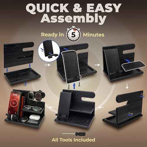 TESLYAR Wood Phone Docking Station for Men - Desktop or Nightstand Organizer - Birthday Gifts for Men, Dad - Anniversary Idea from Wife - Key Holder, Stand Wallet, Watch & Essentials (Granite Black)
