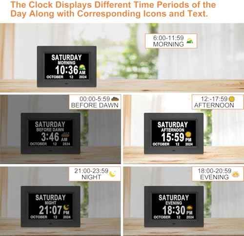 SSINI Digital Calendar Dementia Alarm Clock with Day and Date for Elderly - 15 Alarms 5 Colors Display Large Display Alzheimers Clock Large Digital Clock for Seniors (7in Black)